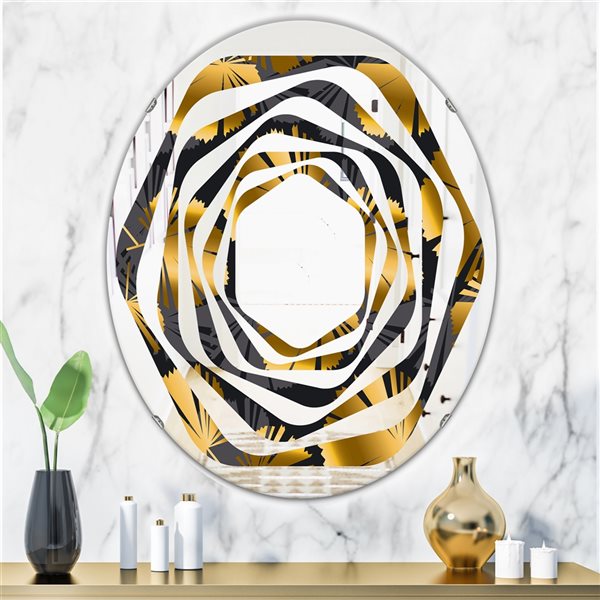 Designart 23.7-in x 31.5-in Golden Palm Leaves III Modern Oval Wall Mirror