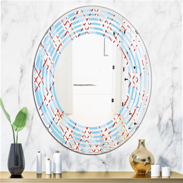 Designart 31.5-in x 23.7-in Red and Blue Plaid Modern Oval Wall Mirror