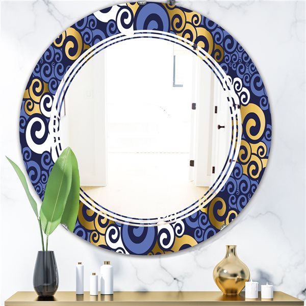 Designart 24-in x 24-in Retro Luxury Waves In Gold And Blue III Modern Round Wall Mirror