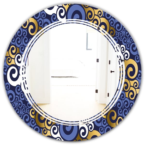 Designart 24-in x 24-in Retro Luxury Waves In Gold And Blue III Modern Round Wall Mirror