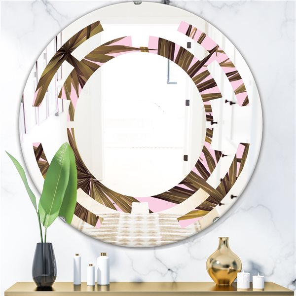 Designart 24-in x 24-in Tropical Leaves On Pink Modern Round Wall Mirror