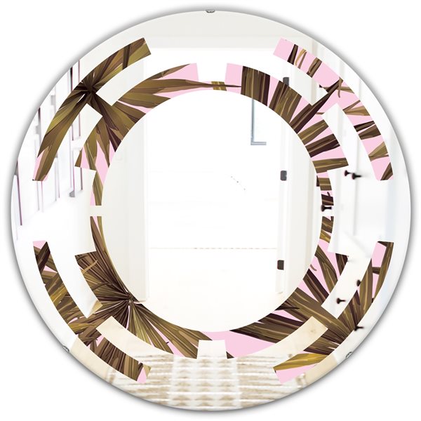 Designart 24-in x 24-in Tropical Leaves On Pink Modern Round Wall Mirror