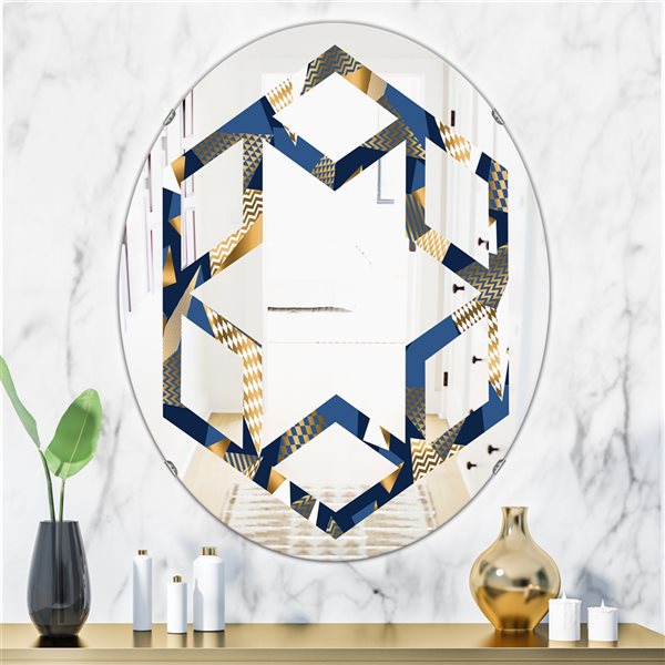 Designart 31.5-in x 23.7-in Gold And Blue Cubes - Oval Wall Mirror