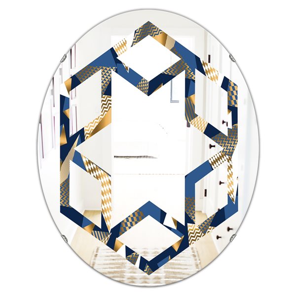 Designart 31.5-in x 23.7-in Gold And Blue Cubes - Oval Wall Mirror