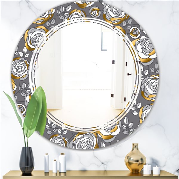 Designart 24-in Golden Rose Flowers Modern Round Wall Mirror