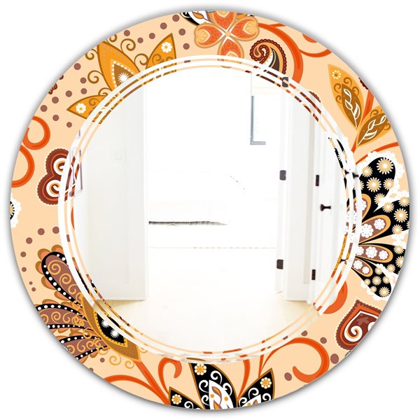 Designart 24-inRetro Indian Floral Batik III Modern Round Wall Mirror ...