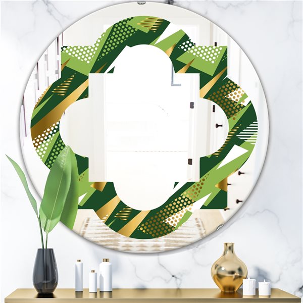 Designart Triangular Gold/Green Design I Modern Round Wall Mirror