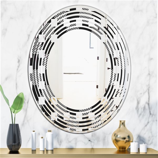Designart 31.5-in x 23.7-in Geometric Monochrome Pattern II Modern Oval Wall Mirror in Black