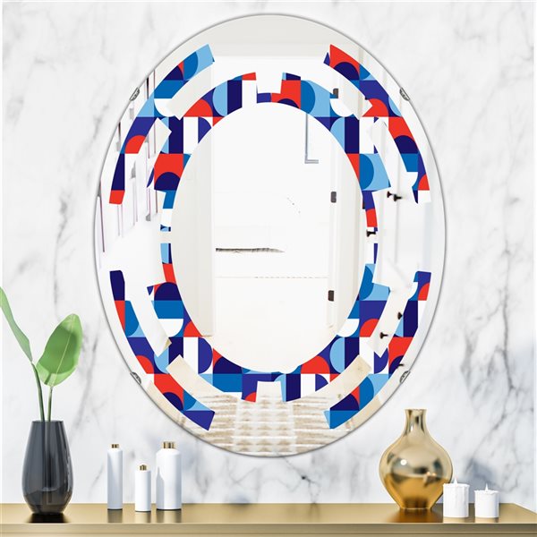 Designart 31.5-in x 23.7-in Blue, Red and White Polka Dots Modern Oval Wall Mirror