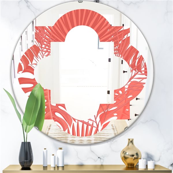 Designart Tropical Retro Foliage Coral I Modern Round Wall Mirror in ...