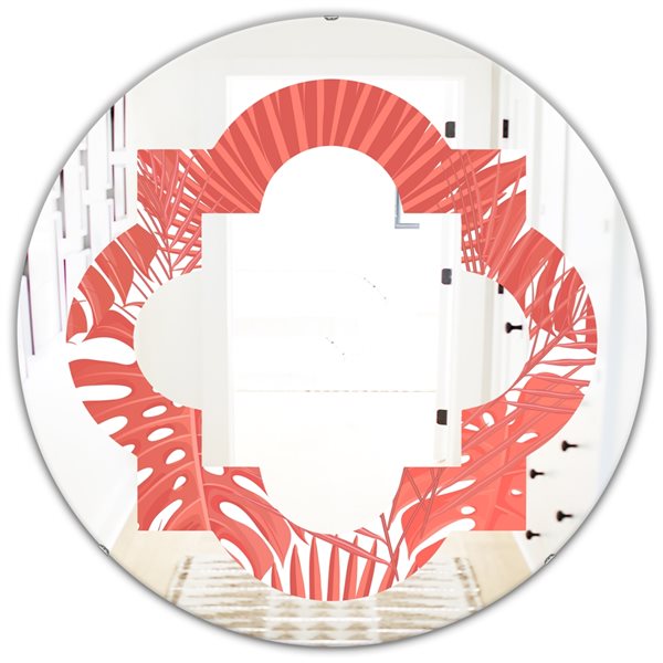 Designart Tropical Retro Foliage Coral I Modern Round Wall Mirror in ...