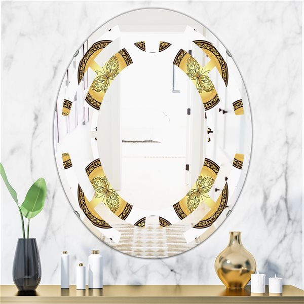 Designart 31.5-in x 23.7-in Gold and Brown Pattern with Gradient Vintage Circles Oval Mirror