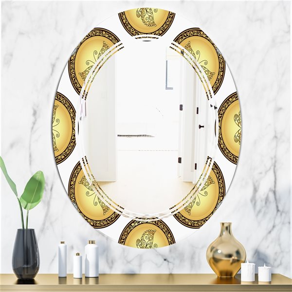 Designart 31.5-in Gold and Brown Pattern with Gradient Vintage Circles Oval Decorative Mirror