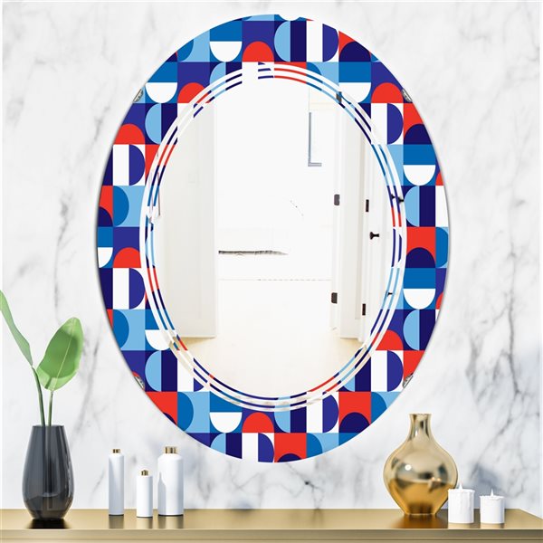 Designart 31.5-in Blue/Red and White Polka Dots Modern Oval Mirror