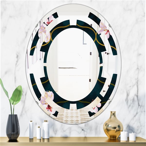 Designart 31.5-in x 23.7-in Retro Pink Flower Pattern II Cottage Oval Wall Mirror