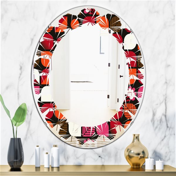 Designart 31.5-in x 23.7-in Geometric Retro Flower Design I Modern Oval Decorative Mirror in Red