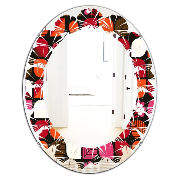 Designart 31.5-in x 23.7-in Geometric Retro Flower Design I Modern Oval Decorative Mirror in Red