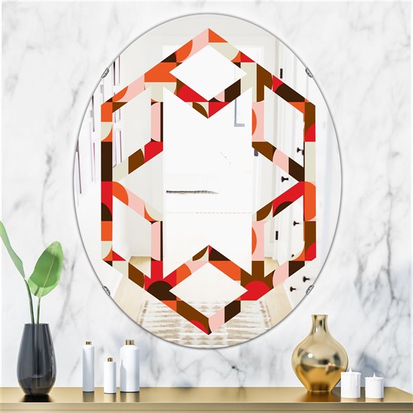 Designart 31.5-in Retro Geometric Design II Modern Oval Wall Mirror in Red