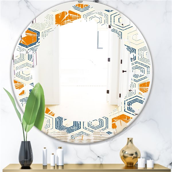 Designart 24-in x 24-in Retro Hexagon Pattern IX Modern Round Mirror in Orange