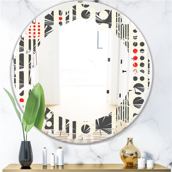 Designart Round 24-in Black Retro Geometrical Abstract Minimal Pattern II Polished Wall Mirror