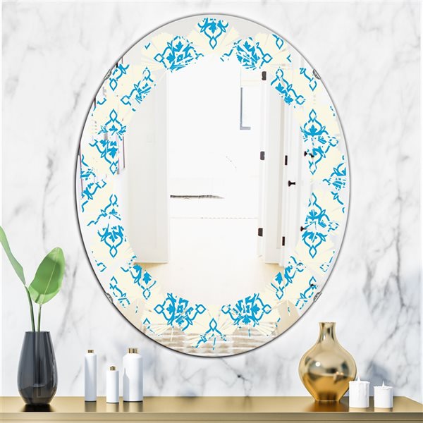Designart Oval 31.5-in L x 23.7-in W Blue Retro Ornamental Pattern I Polished Wall Mirror