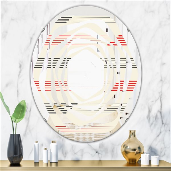 Designart 31.5-in L x 23.7-in W Red Oval Horizontal Retro Geometrical Pattern I Polished Wall Mirror