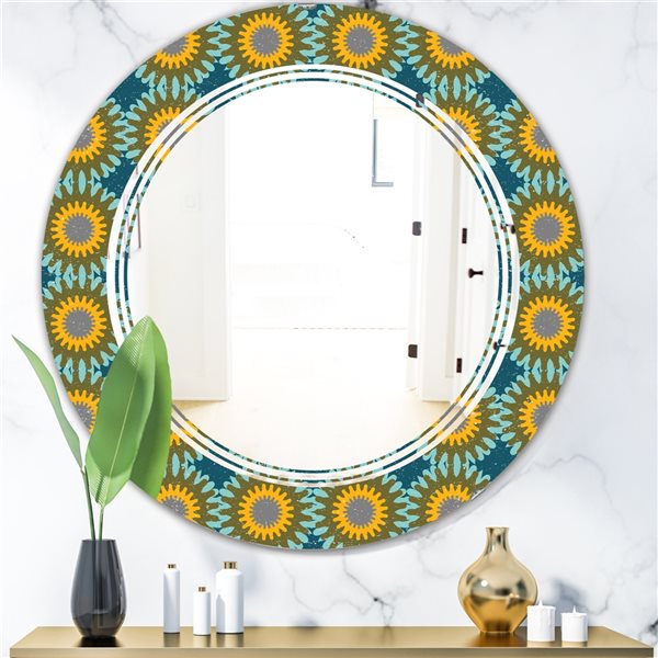 Designart Yellow 24-in Round Retro Circular Pattern I Polished Wall Mirror