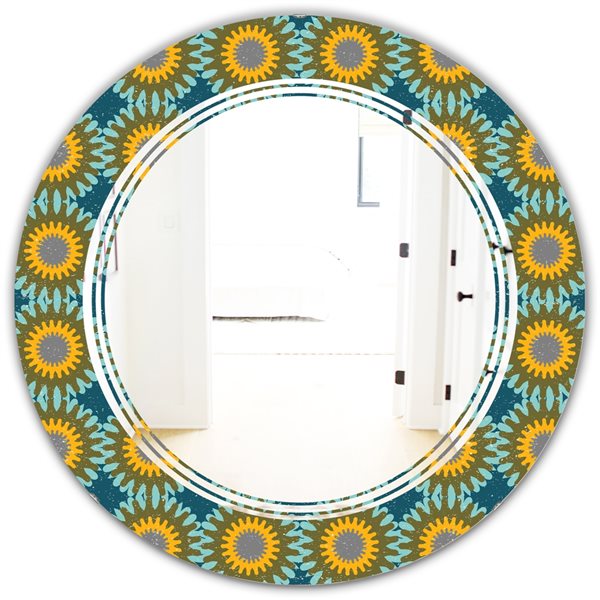 Designart Yellow 24-in Round Retro Circular Pattern I Polished Wall Mirror