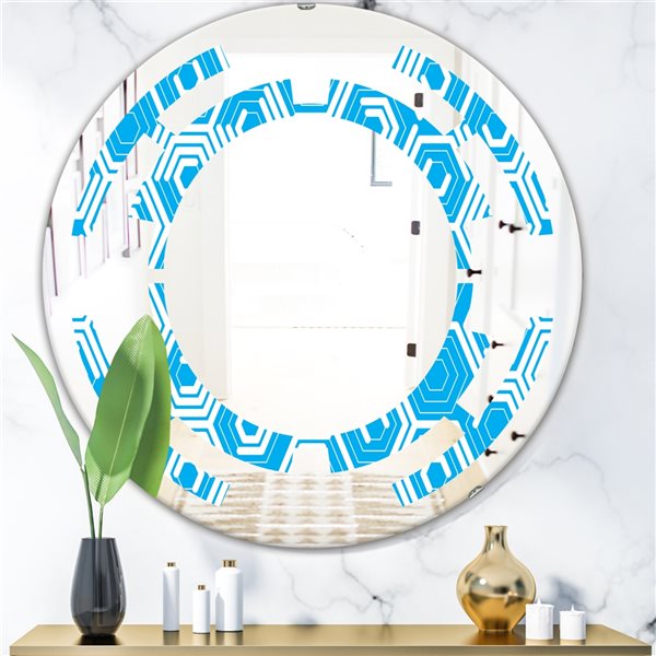 Designart Blue 24-in Round Retro Hexagon Pattern VII Modern Polished Wall Mirror