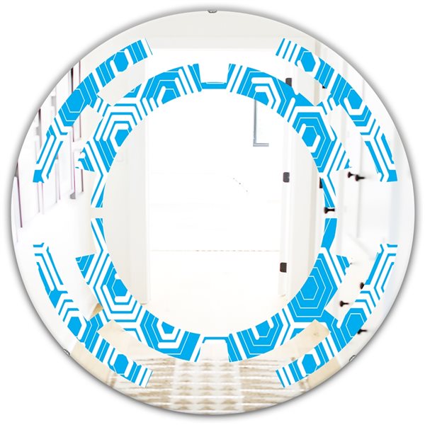 Designart Blue 24-in Round Retro Hexagon Pattern VII Modern Polished Wall Mirror