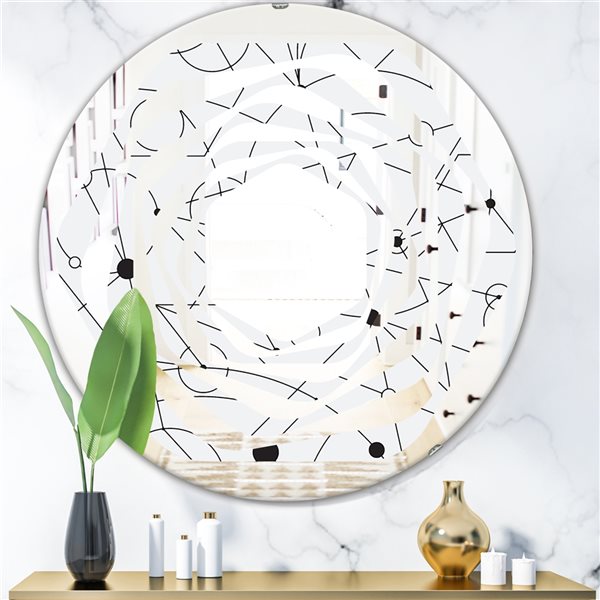 Designart Round 24-in White Retro Geometric Grid III Polished Wall Mirror