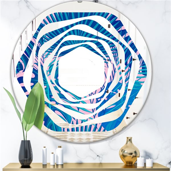 Designart 24-in Blue Round Retro Floral Pattern X Polished Wall Mirror