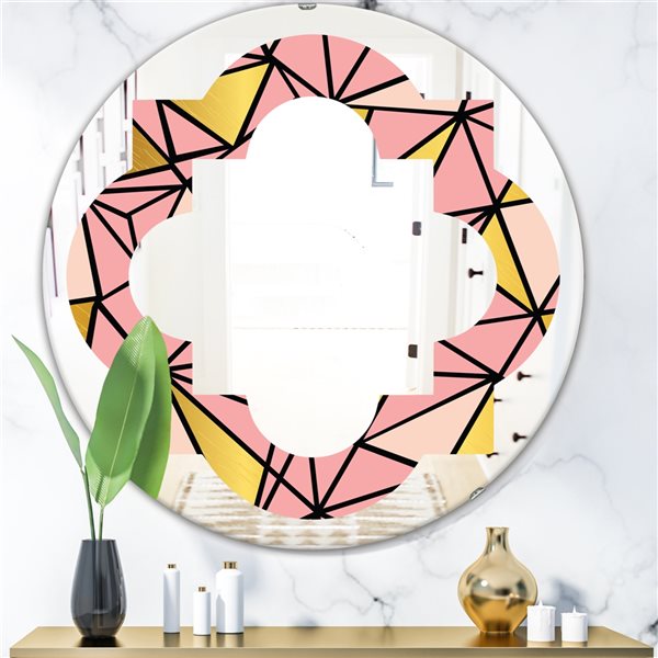 Designart 24-in Round Pink Triangular Gold Design II Polished Wall Mirror