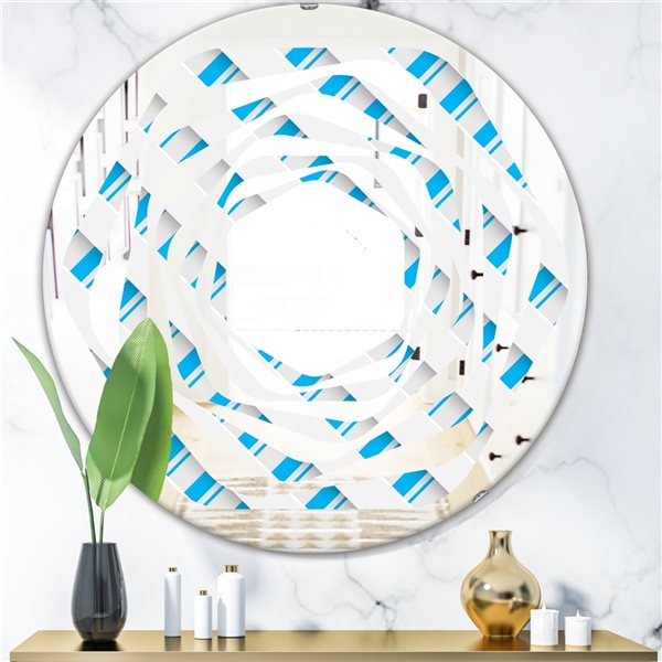 Designart Round 24-in 3D White and Blue Pattern VI Polished Wall Mirror