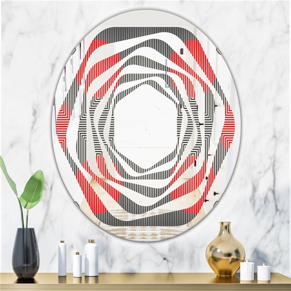 Designart Red 31.5-in L x 23.7-in W Oval Modern Circle and Line Geometric Pattern Polished Wall Mirror