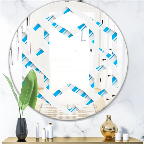 Designart 24-in Round 3D White and Blue Pattern VI Modern Polished Wall Mirror