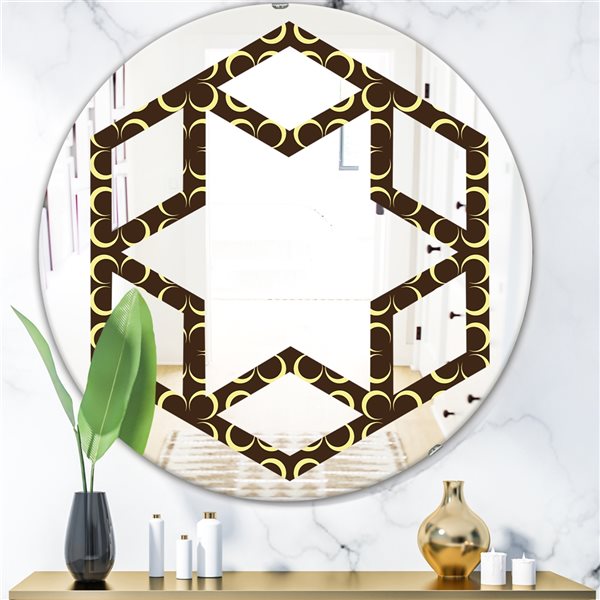 Designart Brown 24-in Round Floral Retro Pattern II Polished Wall Mirror