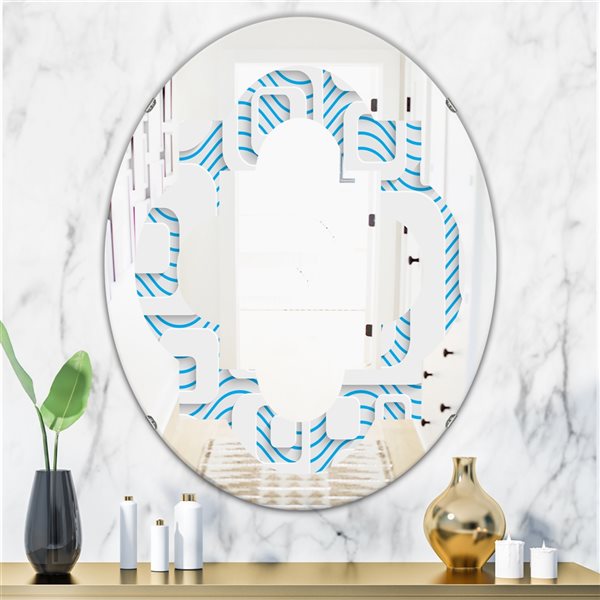 Designart 31.5-in L x 23.7-in W Oval 3D White and Blue Pattern I Polished Wall Mirror
