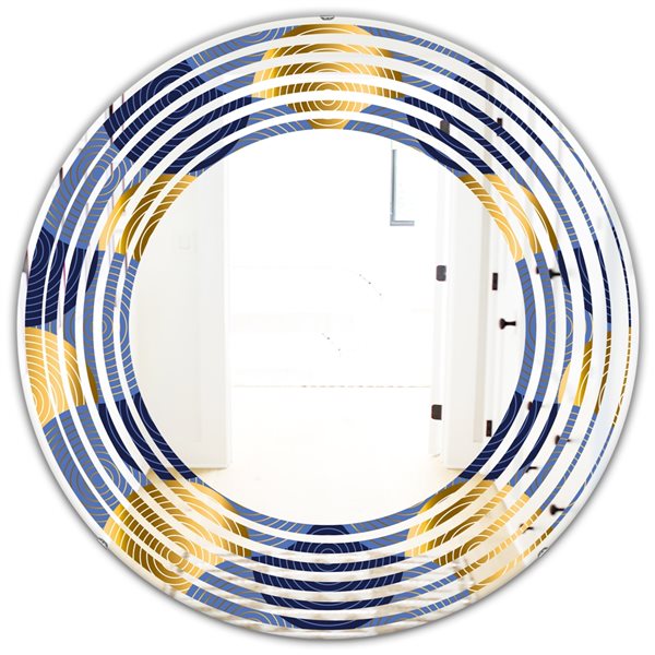 Designart Retro Luxury Waves in Gold and Blue VIII 24-in Round Blue Wall  Mirror