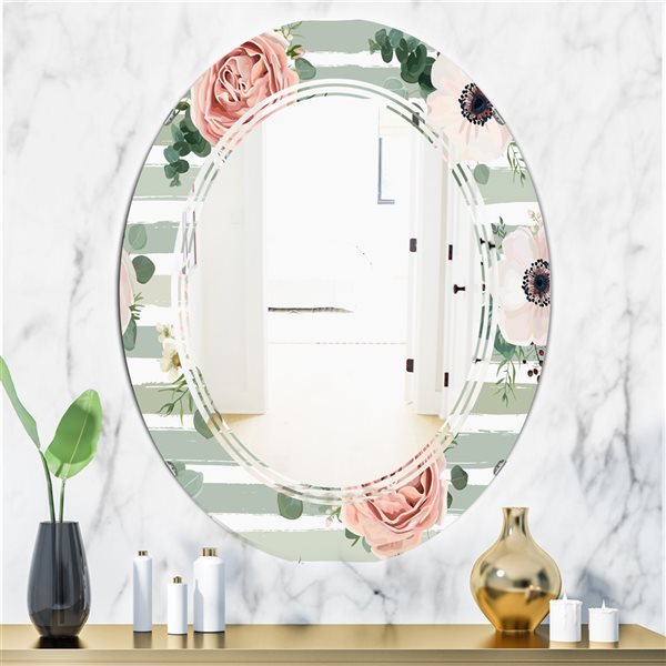 Designart Floral Retro Pattern V 23.7-in x 31.5-in Oval Green Polished Wall Mirror