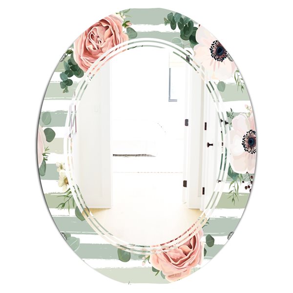 Designart Floral Retro Pattern V 23.7-in x 31.5-in Oval Green Polished Wall Mirror