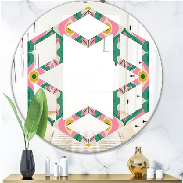 Designart Retro Pattern With Flowers and Leaves 24-in Round Green Polished Wall Mirror