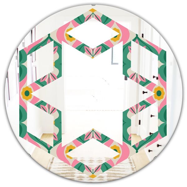 Designart Retro Pattern With Flowers and Leaves 24-in Round Green Polished Wall Mirror