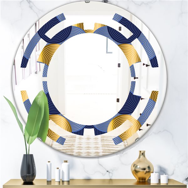 Designart Retro Luxury Waves in Gold and Blue VIII 24-in x 24-in Round Blue  Polished Wall Mirror