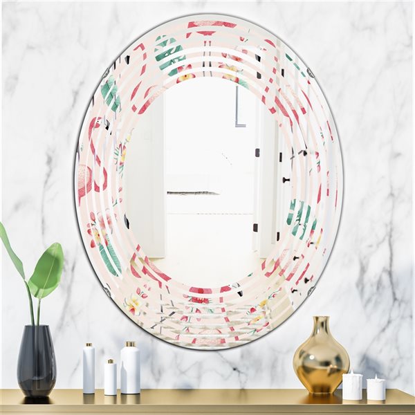 Designart Tropical Botanicals, Flowers and Flamingo II 31.5-in x 23.7-in Oval Pink Polished Wall Mirror