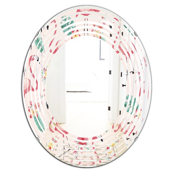 Designart Tropical Botanicals, Flowers and Flamingo II 31.5-in x 23.7-in Oval Pink Polished Wall Mirror