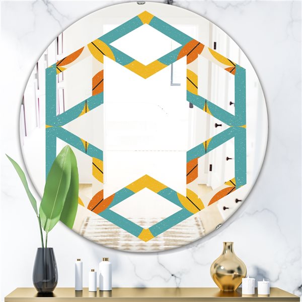 Designart Diamond Retro IV 24-in x 24-in Round Blue Wall Mirror