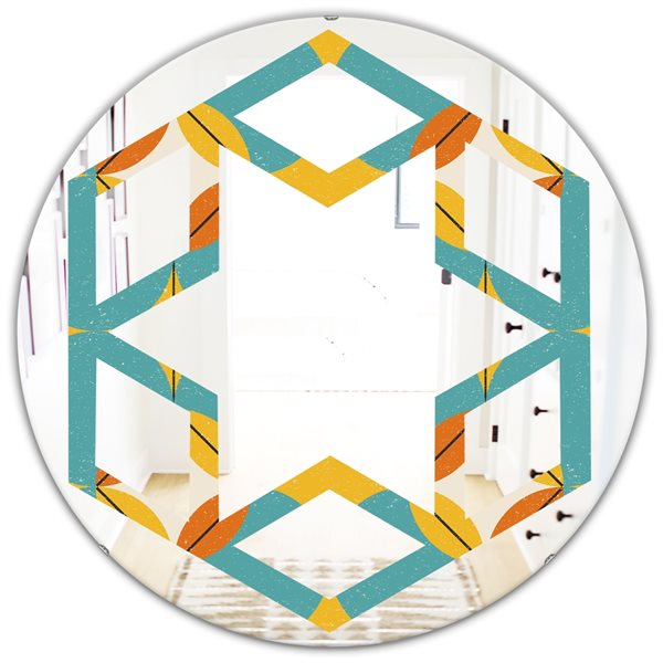 Designart Diamond Retro IV 24-in x 24-in Round Blue Wall Mirror