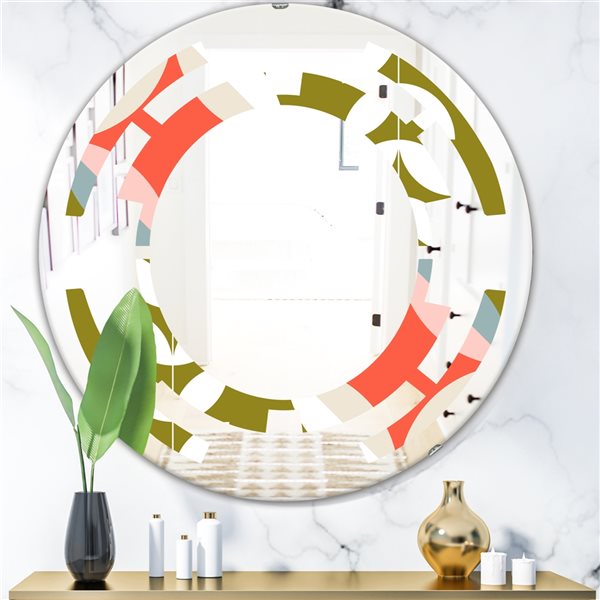 Designart Retro Botanical Pattern I 24-in x 24-in Round Pink Polished Wall Mirror