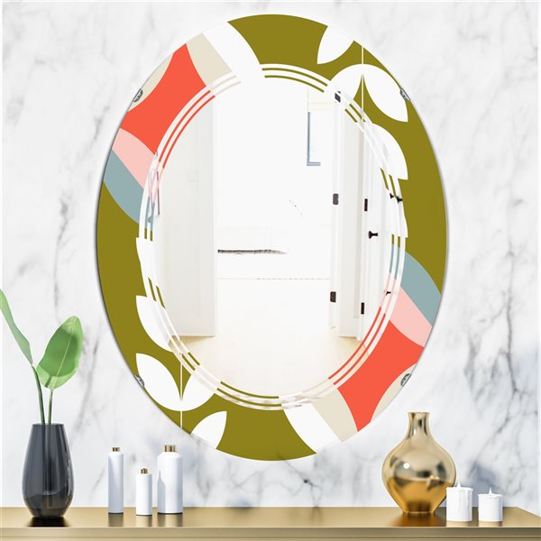 Designart Retro Botanical Pattern I 23.7-in x 31.5-in Oval Pink Polished Mirror